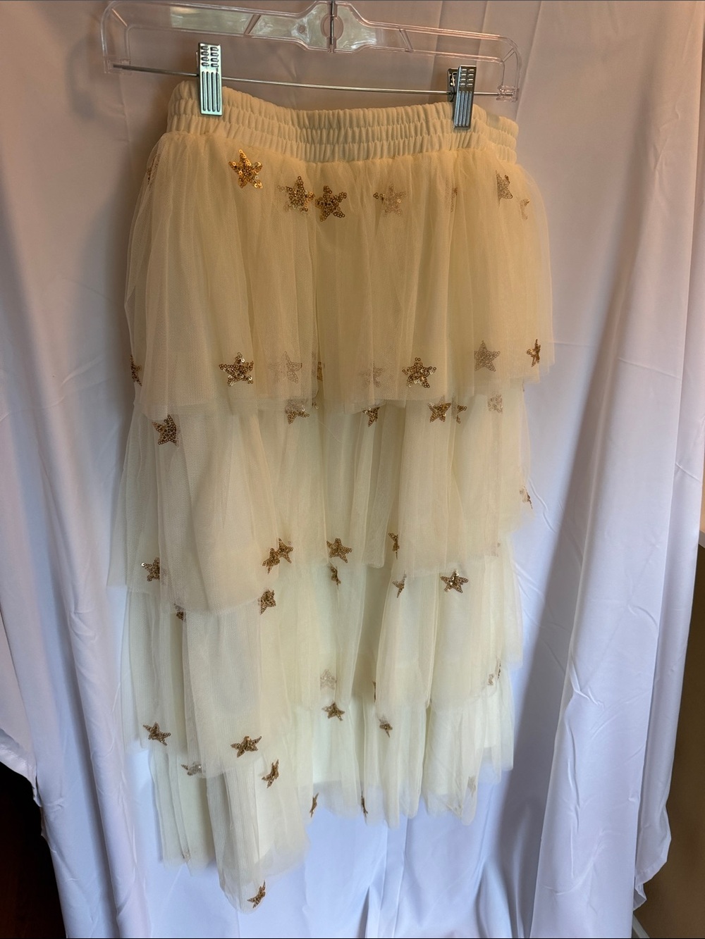 Altar'd State Cream Tulle High-Low Skirt with Gold Star Embellishments